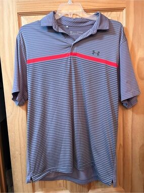 Under Armour Men’s Blue-Gray Striped Polo with Red Chest Stripe